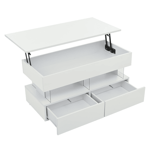Mesa de centro elevável 100x50x46 cm - Sofá com mesa ajustável, arrumação oculta, LED, 2 gavetas - Branco