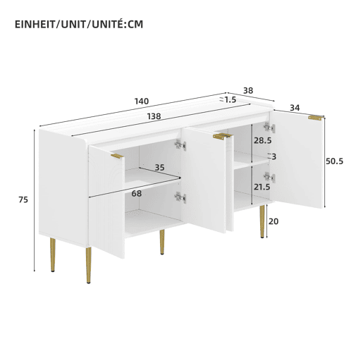 Aparador 140x38x75 cm - moderno com espaço de armazenamento - branco Aparador 140x38x75 cm - moderno com espaço de armazenamento - branco