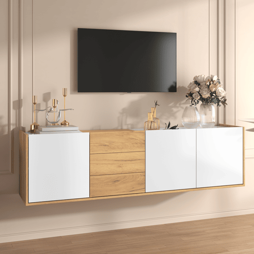 Móvel de TV - Branco e madeira - Painel inferior, opção de pendurar ou colocar no chão Móvel de TV - Branco e madeira - Painel inferior, opção de pendurar ou colocar no chão