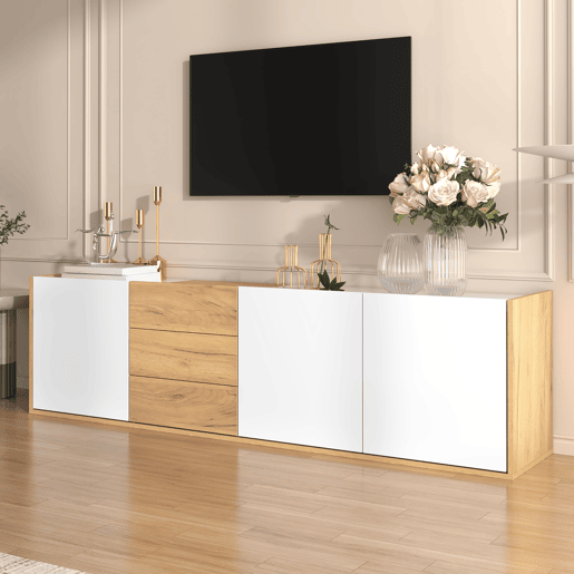 Móvel de TV - Branco e madeira - Painel inferior, opção de pendurar ou colocar no chão Móvel de TV - Branco e madeira - Painel inferior, opção de pendurar ou colocar no chão
