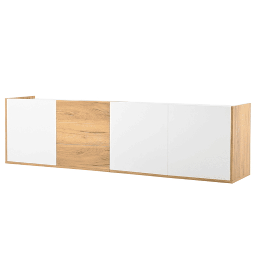 Móvel de TV - Branco e madeira - Painel inferior, opção de pendurar ou colocar no chão Móvel de TV - Branco e madeira - Painel inferior, opção de pendurar ou colocar no chão