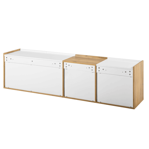 Móvel de TV - Branco e madeira - Painel inferior, opção de pendurar ou colocar no chão Móvel de TV - Branco e madeira - Painel inferior, opção de pendurar ou colocar no chão