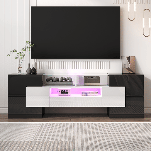 Móvel de TV 145 cm - Design moderno, superfície de vidro elegante, com iluminação LED - Branco+Preto