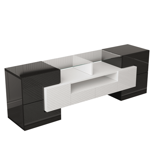 Móvel de TV 145 cm - Design moderno, superfície de vidro elegante, com iluminação LED - Branco+Preto