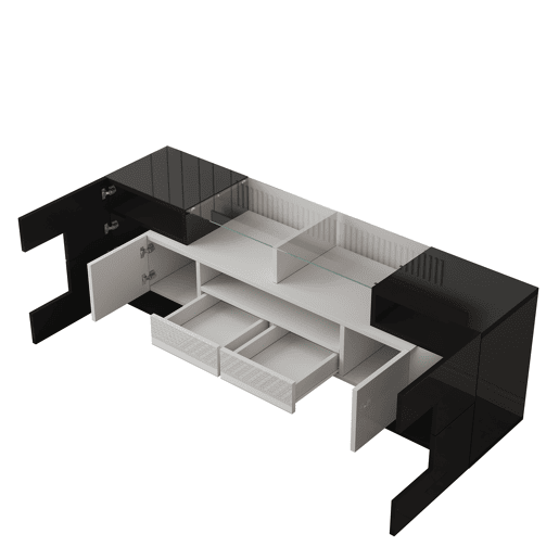 Móvel de TV 145 cm - Design moderno, superfície de vidro elegante, com iluminação LED - Branco+Preto