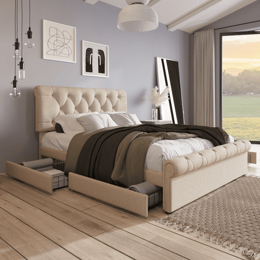 Cama estofada 140x200 cm - Estrutura com 4 gavetas e cabeceira ajustável - Natural