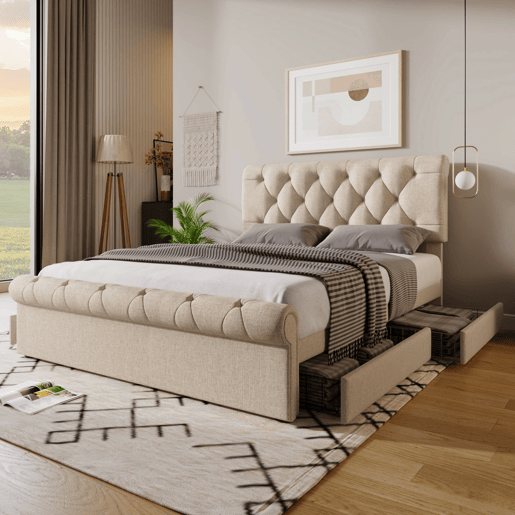 Cama estofada 140x200 cm - Estrutura com 4 gavetas e cabeceira ajustável - Natural