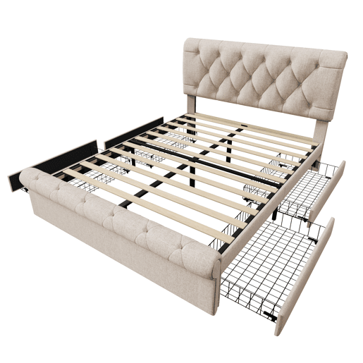 Cama estofada 140x200 cm - Estrutura com 4 gavetas e cabeceira ajustável - Natural