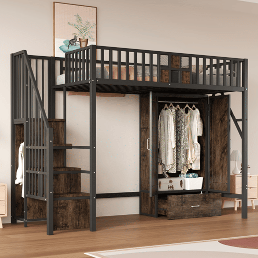 Cama alta metálica 90x200 - Design com grade de madeira e grade metálica, com armário, gavetas e escada de armazenamento, Preto