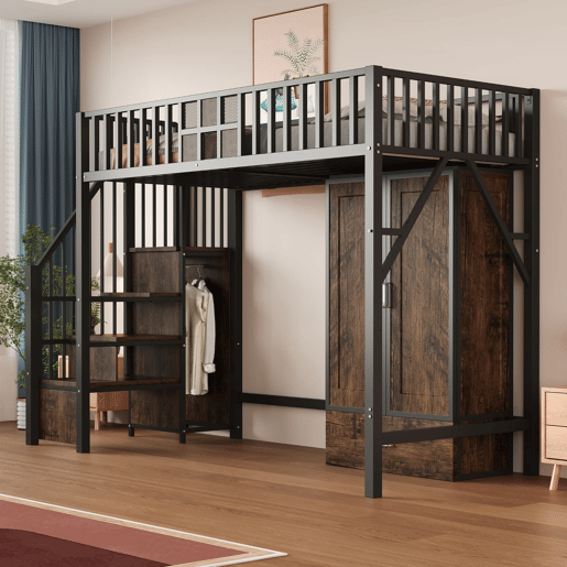 Cama alta metálica 90x200 - Design com grade de madeira e grade metálica, com armário, gavetas e escada de armazenamento, Preto