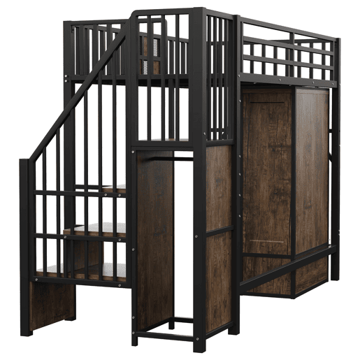Cama alta metálica 90x200 - Design com grade de madeira e grade metálica, com armário, gavetas e escada de armazenamento, Preto