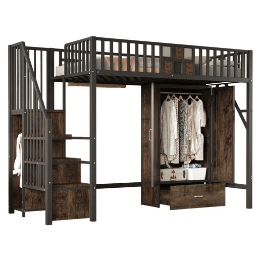 Cama alta metálica 90x200 - Design com grade de madeira e grade metálica, com armário, gavetas e escada de armazenamento, Preto