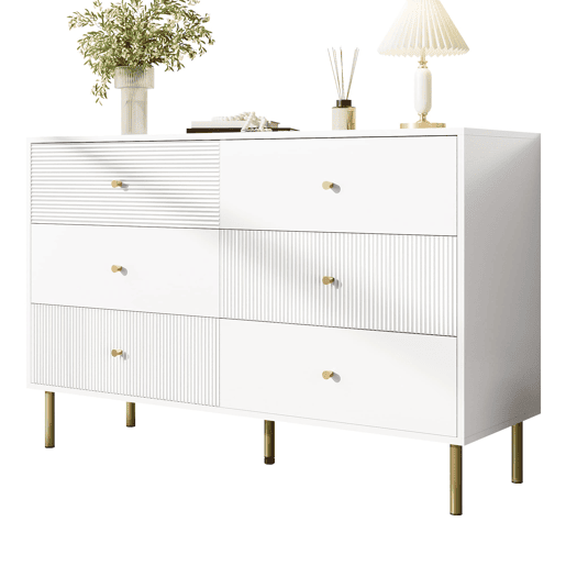 Cômoda moderna 120x40x78 cm - 6 gavetas, com puxadores em liga de zinco e pés em aço - Branco