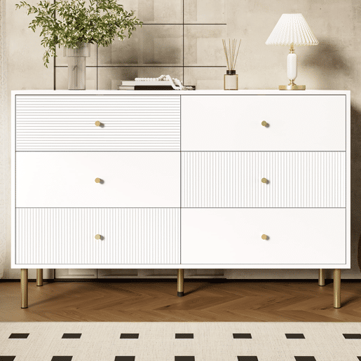 Cômoda moderna 120x40x78 cm - 6 gavetas, com puxadores em liga de zinco e pés em aço - Branco