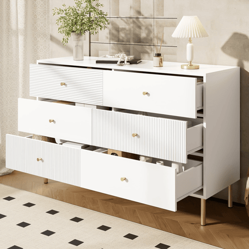 Cômoda moderna 120x40x78 cm - 6 gavetas, com puxadores em liga de zinco e pés em aço - Branco