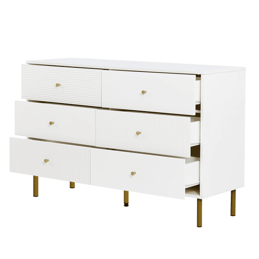 Cômoda moderna 120x40x78 cm - 6 gavetas, com puxadores em liga de zinco e pés em aço - Branco