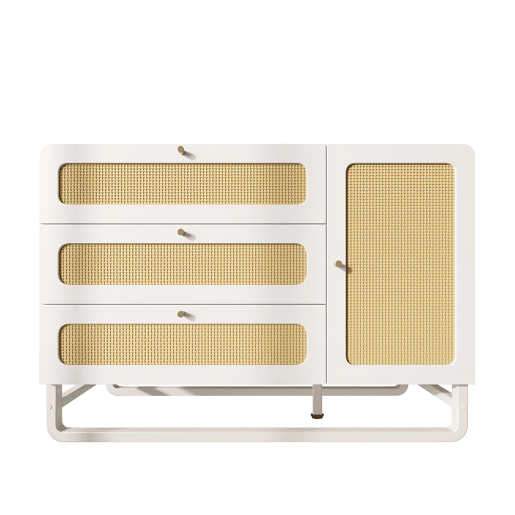 Cômoda 120x85x40 cm - Estilo rústico, 3 gavetas, 1 porta, prateleiras ajustáveis, puxadores dourados - Branco