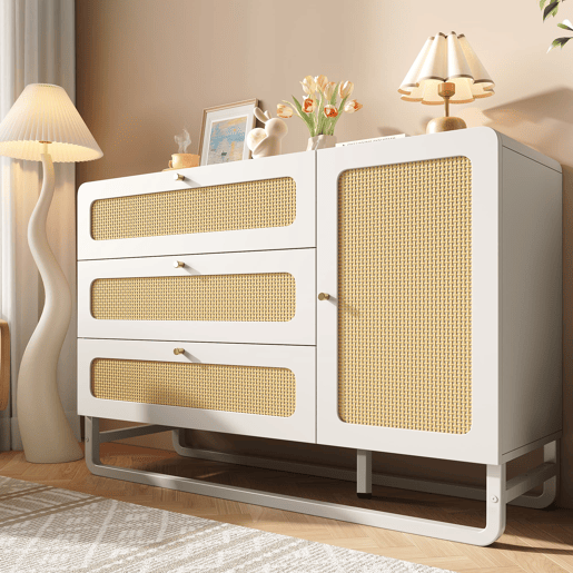 Cômoda 120x85x40 cm - Estilo rústico, 3 gavetas, 1 porta, prateleiras ajustáveis, puxadores dourados - Branco