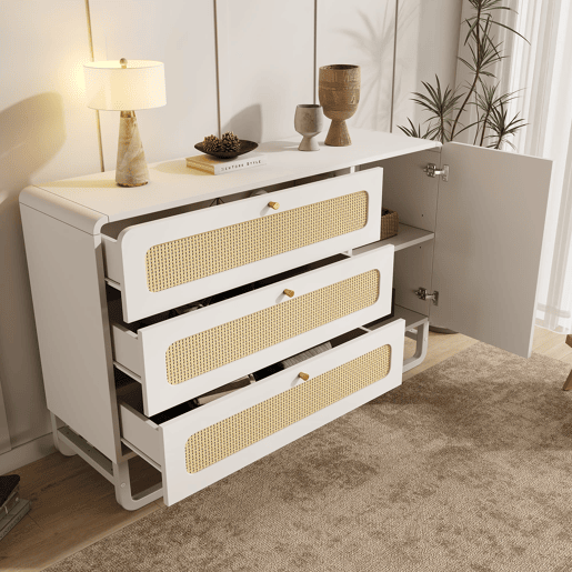 Cômoda 120x85x40 cm - Estilo rústico, 3 gavetas, 1 porta, prateleiras ajustáveis, puxadores dourados - Branco