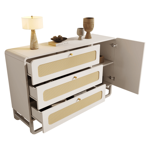 Cômoda 120x85x40 cm - Estilo rústico, 3 gavetas, 1 porta, prateleiras ajustáveis, puxadores dourados - Branco