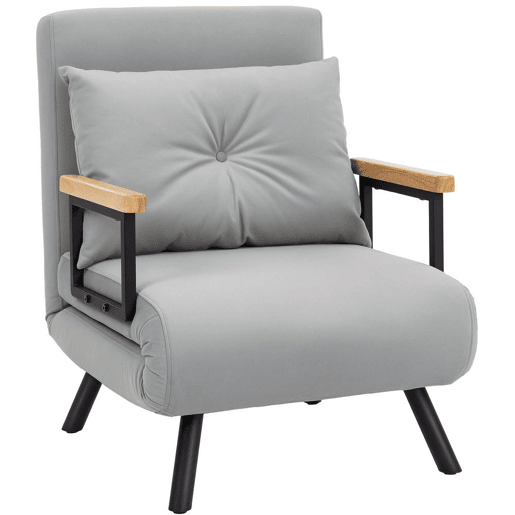 HOMCOM Poltrona Convertível em Cama Dobrável Poltrona 3 em 1 Convertível em Cama com Encosto Ajustável em 5 Níveis e Almofada Acolchoada Carga 120 kg 63x73x81 cm Cinza Claro