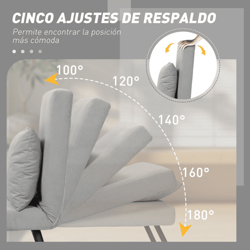 HOMCOM Poltrona Convertível em Cama Dobrável Poltrona 3 em 1 Convertível em Cama com Encosto Ajustável em 5 Níveis e Almofada Acolchoada Carga 120 kg 63x73x81 cm Cinza Claro