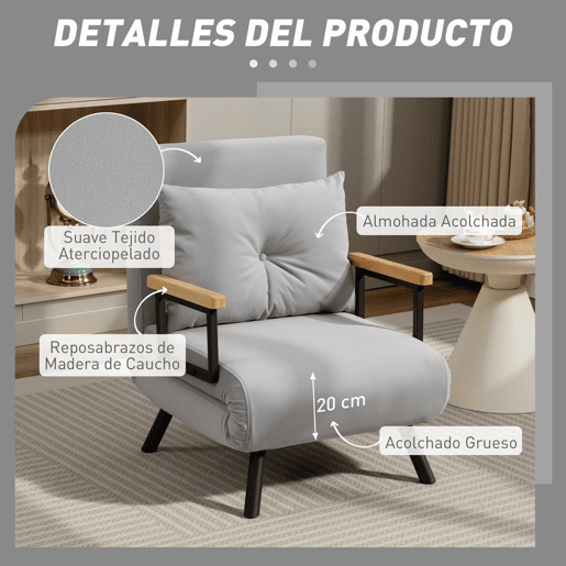 HOMCOM Poltrona Convertível em Cama Dobrável Poltrona 3 em 1 Convertível em Cama com Encosto Ajustável em 5 Níveis e Almofada Acolchoada Carga 120 kg 63x73x81 cm Cinza Claro