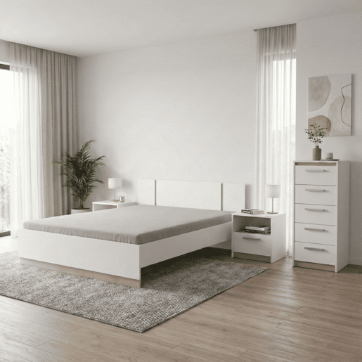 Conjunto de móveis para quarto Watson em melamina branca fosca e carvalho Kronberg: cama, 2 mesas de cabeceira, cômoda com 7 gavetas