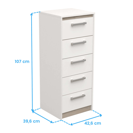 Conjunto de móveis para quarto Watson em melamina branca fosca e carvalho Kronberg: cama, 2 mesas de cabeceira, cômoda com 7 gavetas