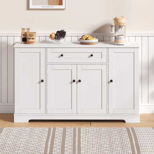 Buffet multifuncional 138 cm - Com gaveta, portas de prateleira e prateleiras ajustáveis - Branco