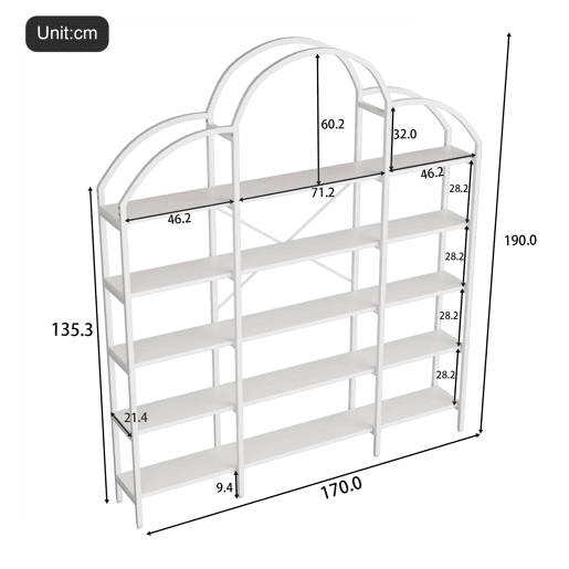 Estante 170x26x190 cm - 5 níveis, design em forma de nuvem, aço e MDF, fácil montagem - Branco
