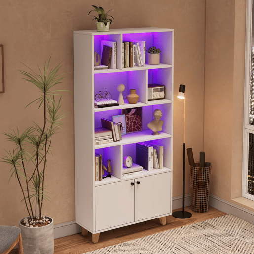 Estante 80x30x173 cm - Com pés em madeira maciça, várias prateleiras, portas duplas, luz LED com mudança de cor, comando à distância - Branca