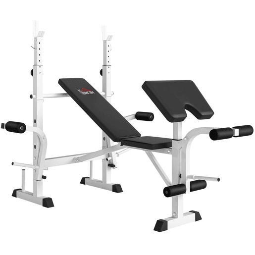 HOMCOM Banco de Musculação Multifuncional Inclinável com Suporte para Barra Ajustável Extensão de Pernas Curl de Predicador para Treino em Casa e Ginásio 180x134x113-136 cm Preto