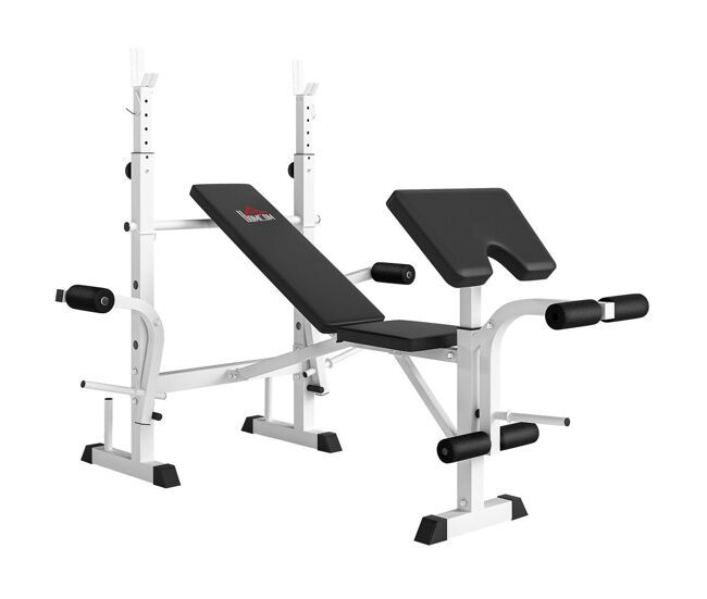 Homcom banco de musculación multifuncional inclinable, banco de pesas, press banca con soporte para barra ajustable, extensión de piernas, curl de predicador, mariposa, entrenamiento en casa, gimnasio