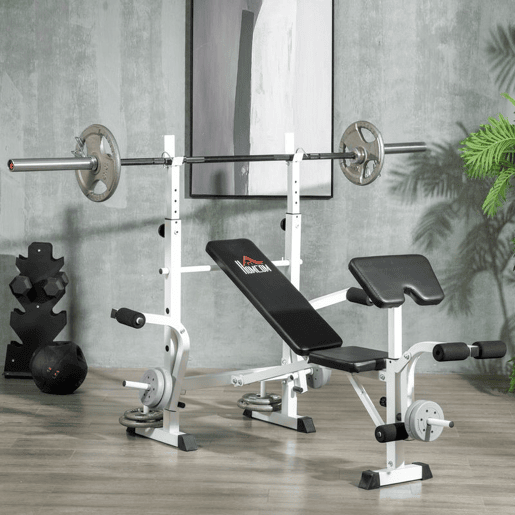 HOMCOM Banco de Musculação Multifuncional Inclinável com Suporte para Barra Ajustável Extensão de Pernas Curl de Predicador para Treino em Casa e Ginásio 180x134x113-136 cm Preto