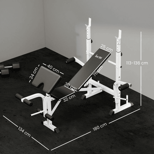 HOMCOM Banco de Musculação Multifuncional Inclinável com Suporte para Barra Ajustável Extensão de Pernas Curl de Predicador para Treino em Casa e Ginásio 180x134x113-136 cm Preto