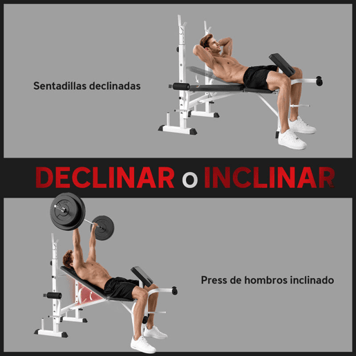 HOMCOM Banco de Musculação Multifuncional Inclinável com Suporte para Barra Ajustável Extensão de Pernas Curl de Predicador para Treino em Casa e Ginásio 180x134x113-136 cm Preto