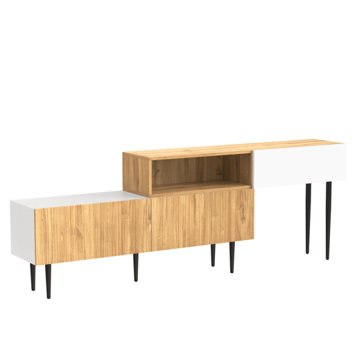 Móvel de TV modular de 2 peças - Design ajustável, pés metálicos pretos, madeira e branco mate