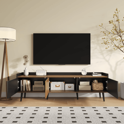 Móvel de TV 160 cm - Design compacto, 3 portas - Preto e Natural Móvel de TV 160 cm - Design compacto, 3 portas - Preto e Natural