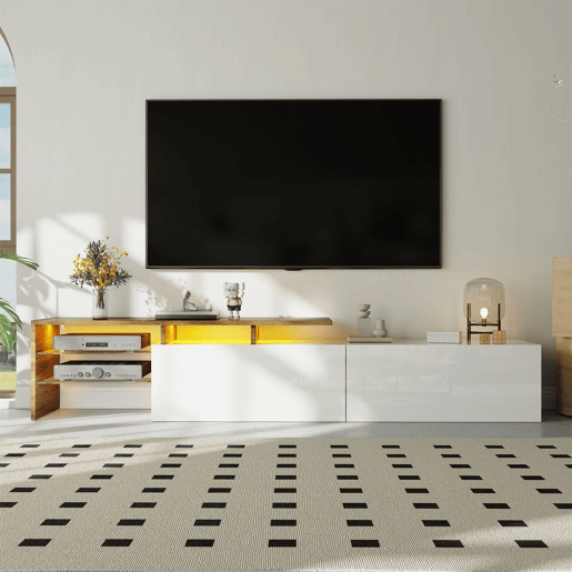 Móvel de TV moderno 200 cm - design elegante, arrumação prática, branco brilhante, imitação de madeira, prateleiras de vidro, iluminação LED - branco + natural Móvel de TV moderno 200 cm - design elegante, arrumação prática, branco brilhante, imitação de madeira, prateleiras de vidro, iluminação LED - branco + natural