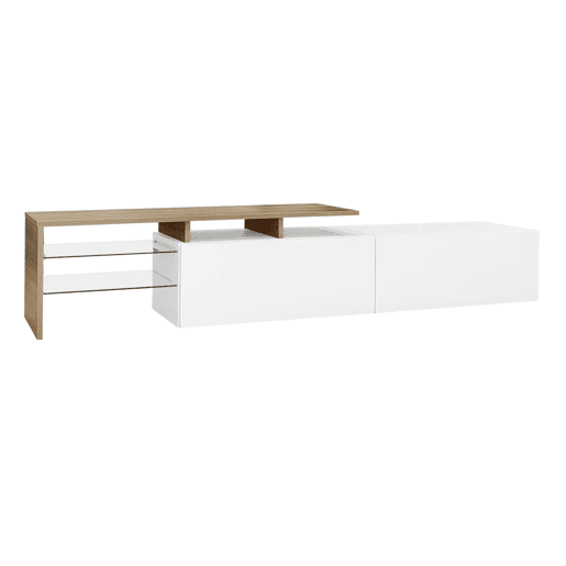Móvel de TV moderno 200 cm - design elegante, arrumação prática, branco brilhante, imitação de madeira, prateleiras de vidro, iluminação LED - branco + natural Móvel de TV moderno 200 cm - design elegante, arrumação prática, branco brilhante, imitação de madeira, prateleiras de vidro, iluminação LED - branco + natural
