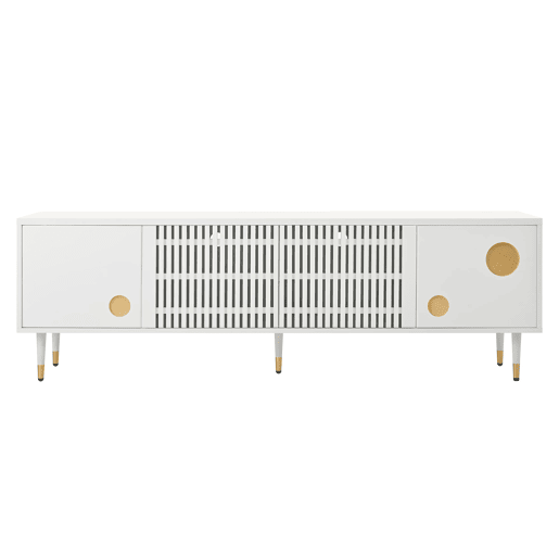 Móvel de TV 170 cm - Estrutura em grade, puxadores ocultos, decoração dourada - Branco
