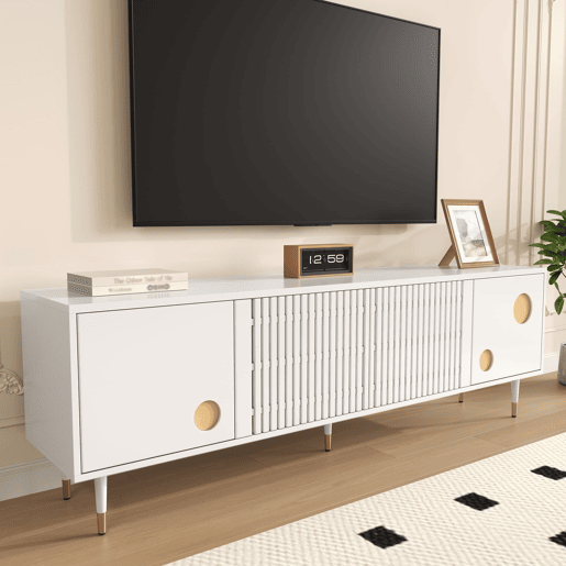 Móvel de TV 170 cm - Estrutura em grade, puxadores ocultos, decoração dourada - Branco