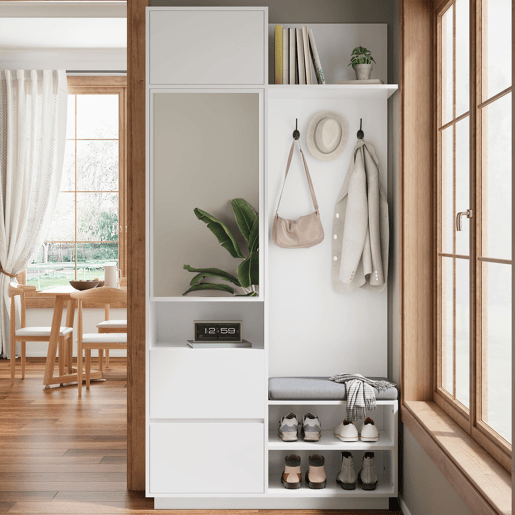 Roupeiro compacto 120x40x90 cm - Espelho, banco, sapateira e ganchos - Branco