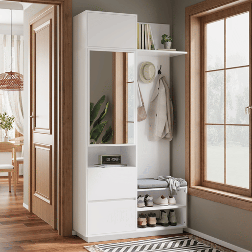 Roupeiro compacto 120x40x90 cm - Espelho, banco, sapateira e ganchos - Branco