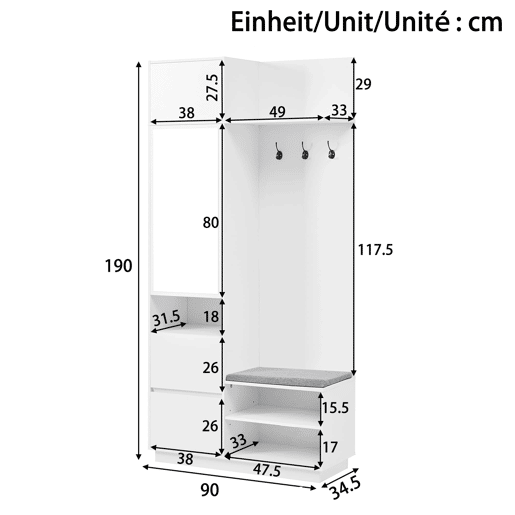 Roupeiro compacto 120x40x90 cm - Espelho, banco, sapateira e ganchos - Branco