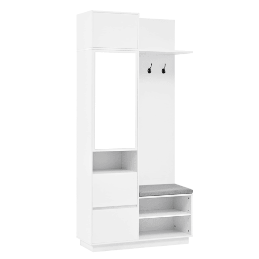Roupeiro compacto 120x40x90 cm - Espelho, banco, sapateira e ganchos - Branco
