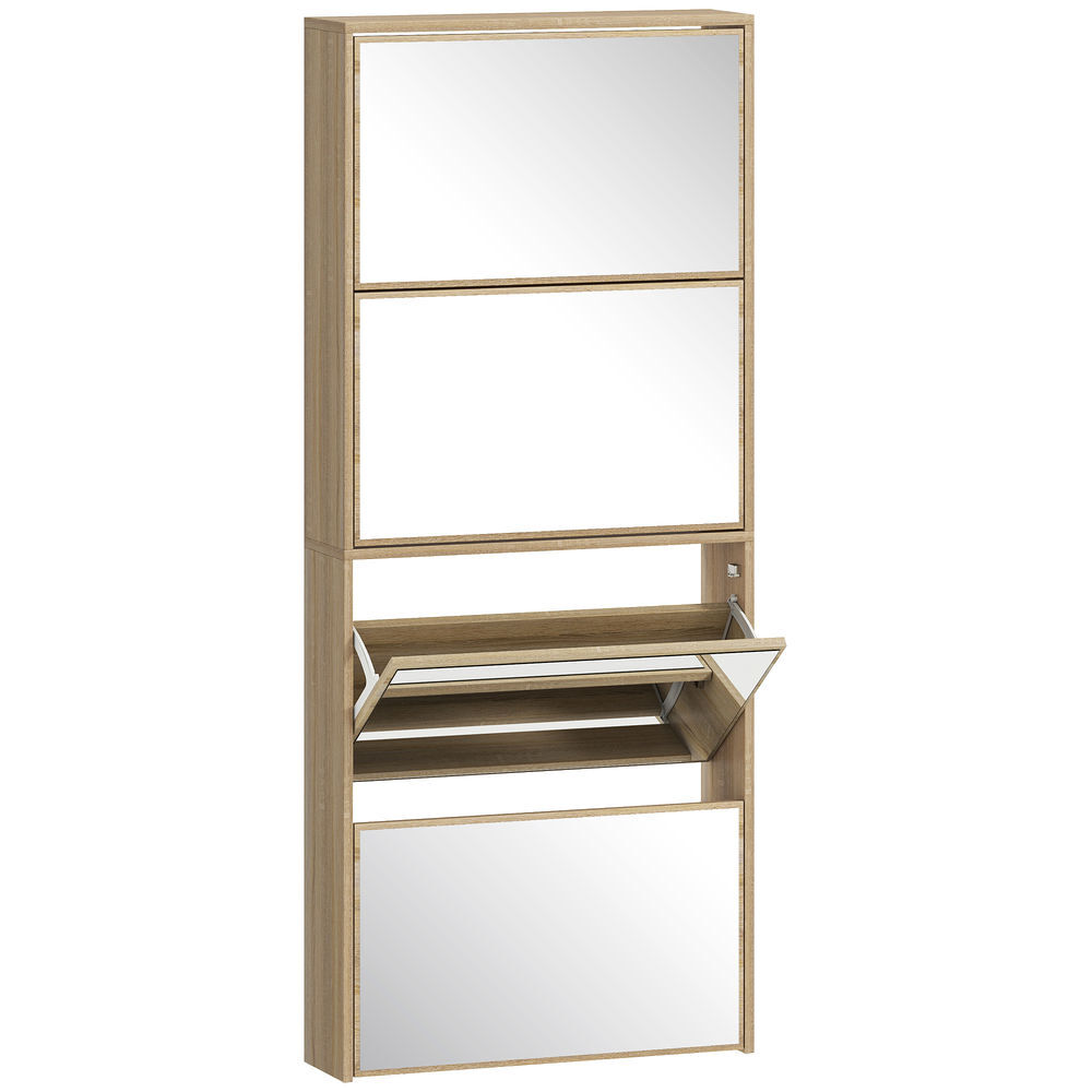 Homcom zapatero estrecho 4 puertas con espejo, zapatero entrada recibidor, para 12 pares de zapatos, para pasillo, espacios reducidos, 63x17x146 cm, natural