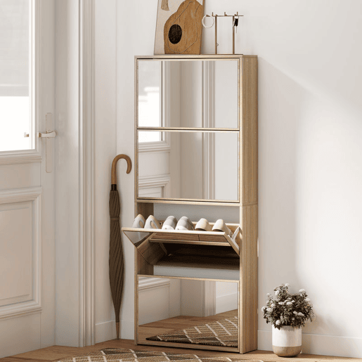 HOMCOM Sapateira Estreita com Espelho 4 Portas Abatíveis Sapateira para Entrada Corredor para 12 Pares de Sapatos Para Corredor Espaços Reduzidos 63x17x146 cm Madeira