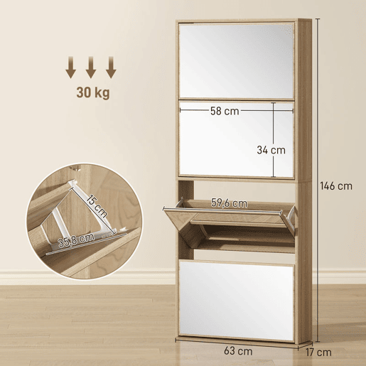 HOMCOM Sapateira Estreita com Espelho 4 Portas Abatíveis Sapateira para Entrada Corredor para 12 Pares de Sapatos Para Corredor Espaços Reduzidos 63x17x146 cm Madeira